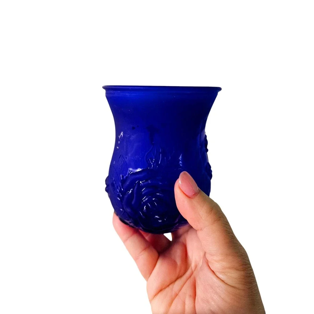 Vintage Cobalt Blue Glass Vase, Rose Design Decor